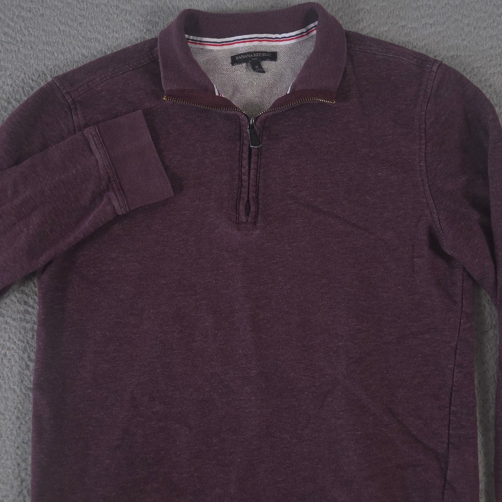 Banana Republic Sweater Mens M Burgundy French Terry Elbow Patches Quarter-Zip‎